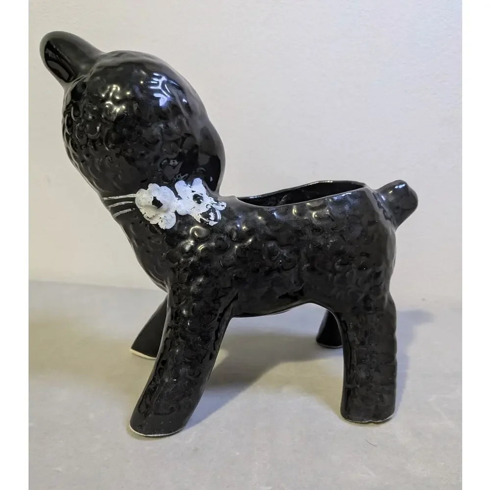 Vintage 1950s Black Lamb Ceramic Planter Kitsch Sheep Pot - AS IS / Worn